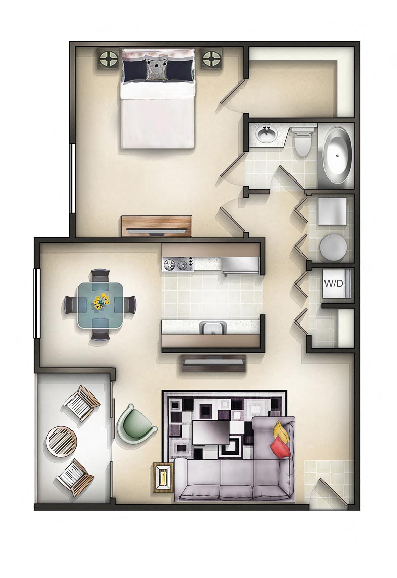 Floor plan for 1 bed, 1 bath, 794 sqft