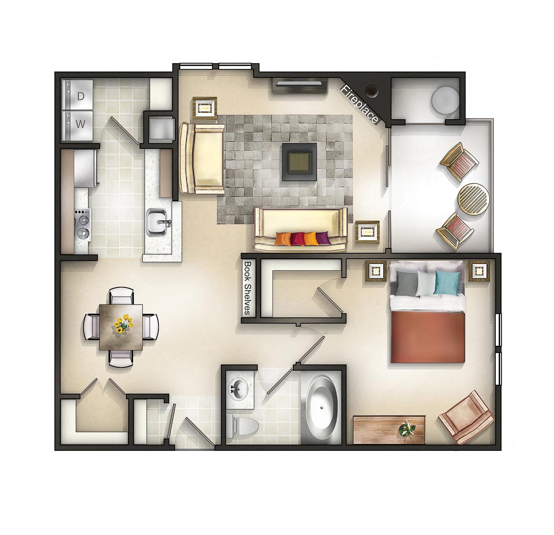 Floor plan for 1 bed, 1 bath, 828 sqft