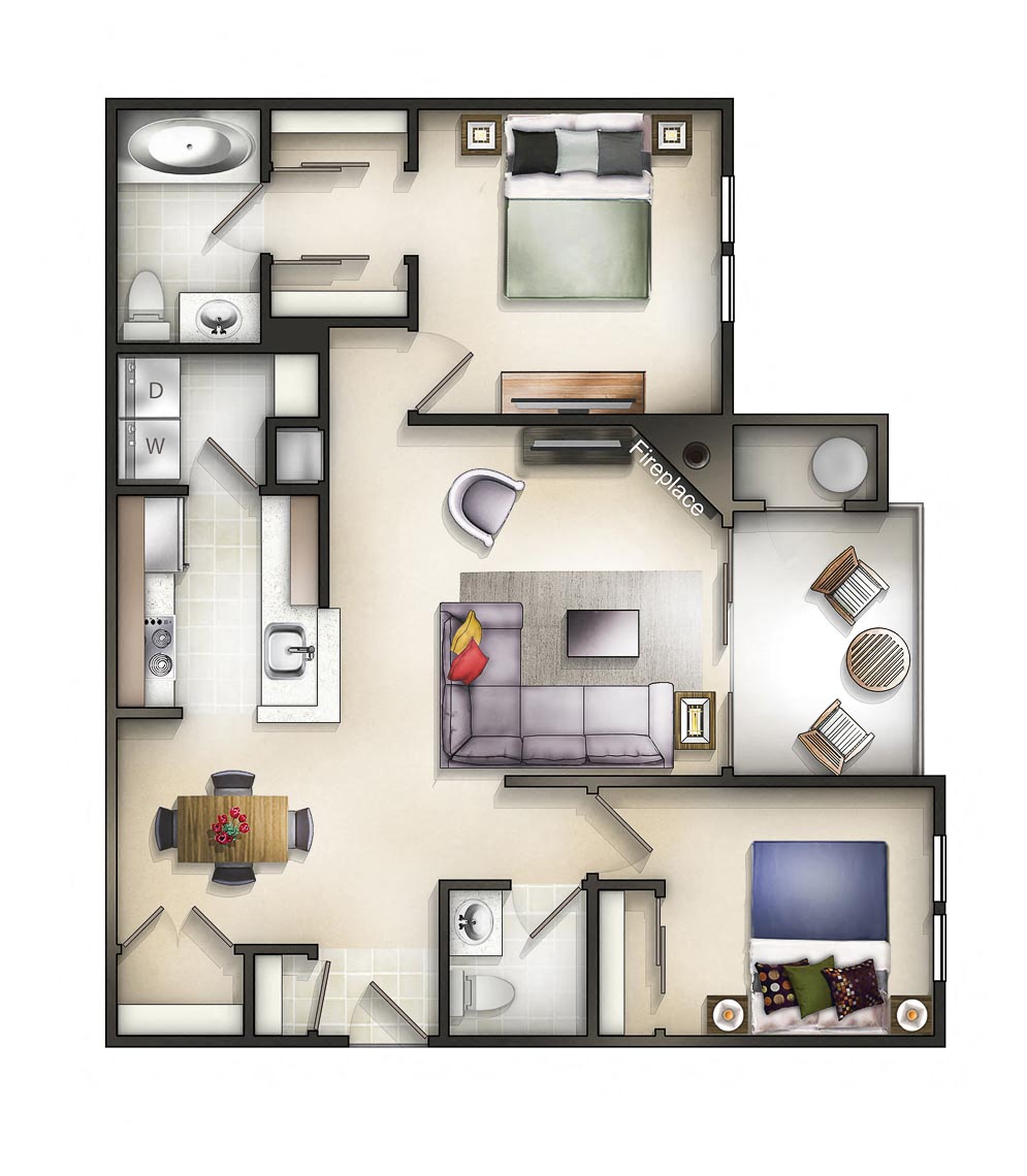 Floor plan for 2 beds, 1.5 baths, 972 sqft