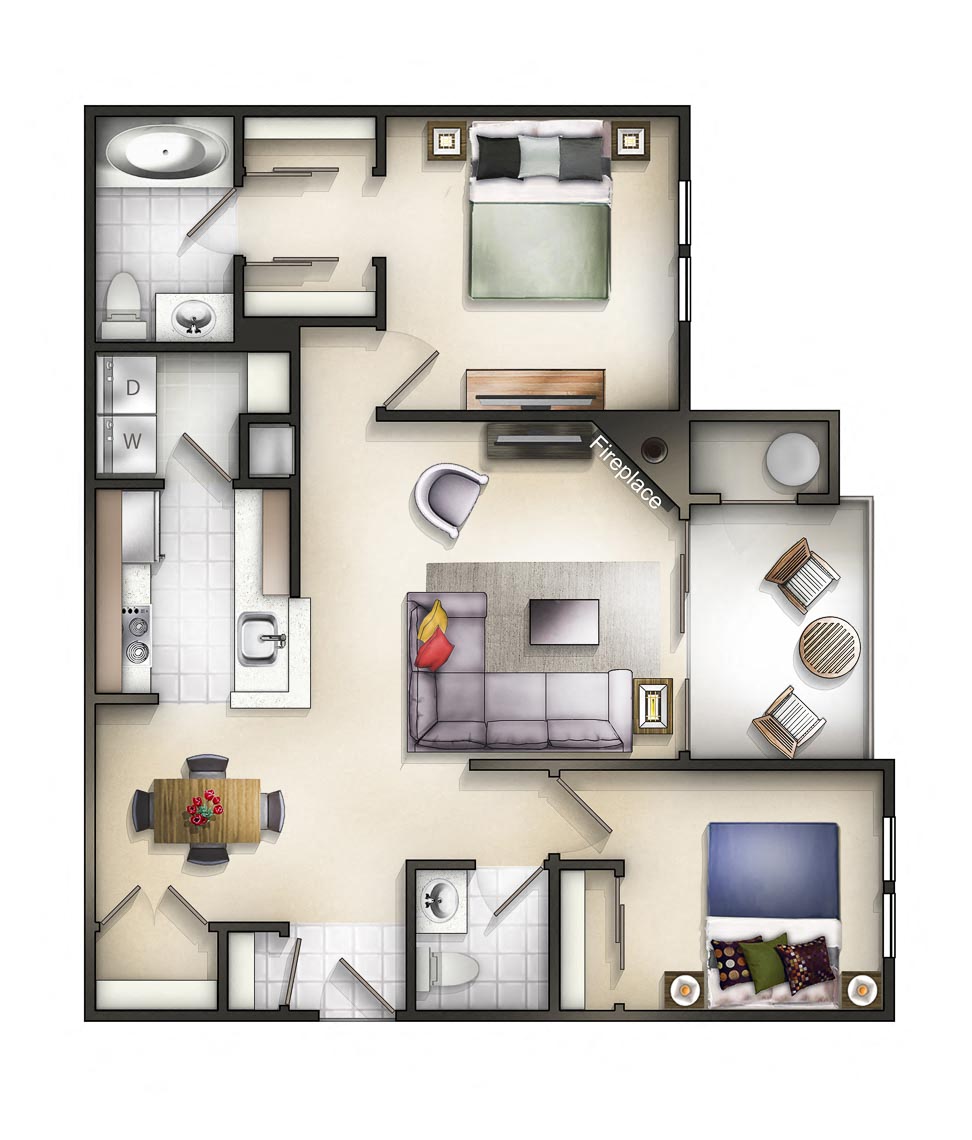 Floor plan for 2 beds, 1.5 baths, 972 sqft