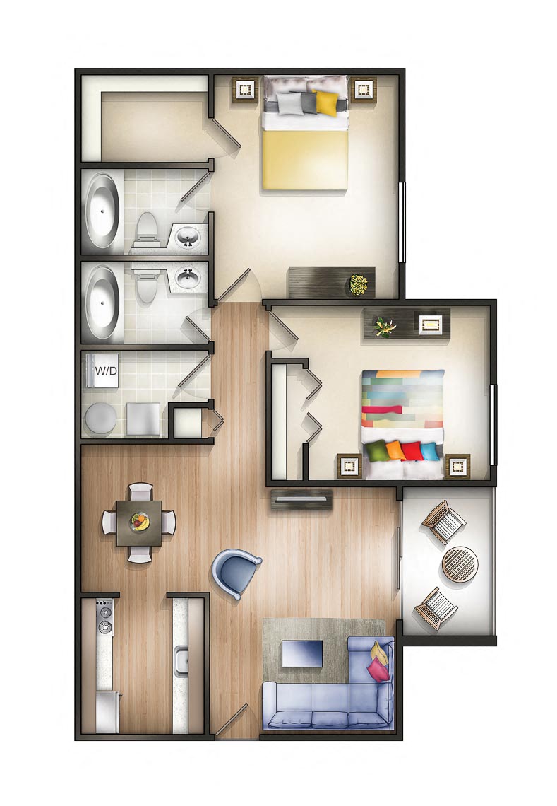 Floor plan for 2 beds, 2 baths, 903 sqft