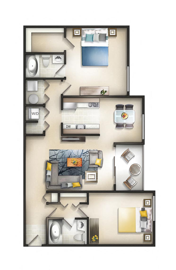 Floor plan for 2 beds, 2 baths, 1082 sqft
