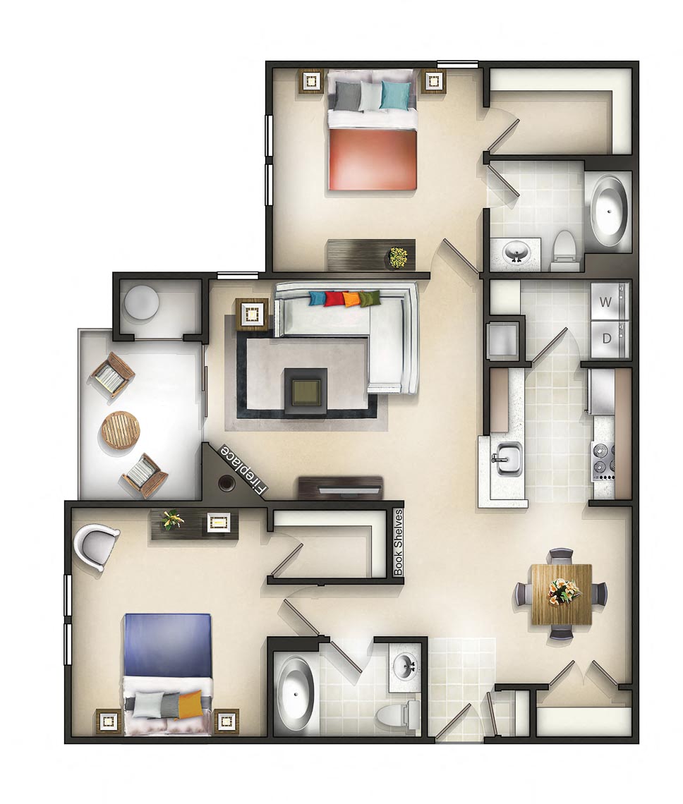 Floor plan for 2 beds, 2 baths, 1085 sqft