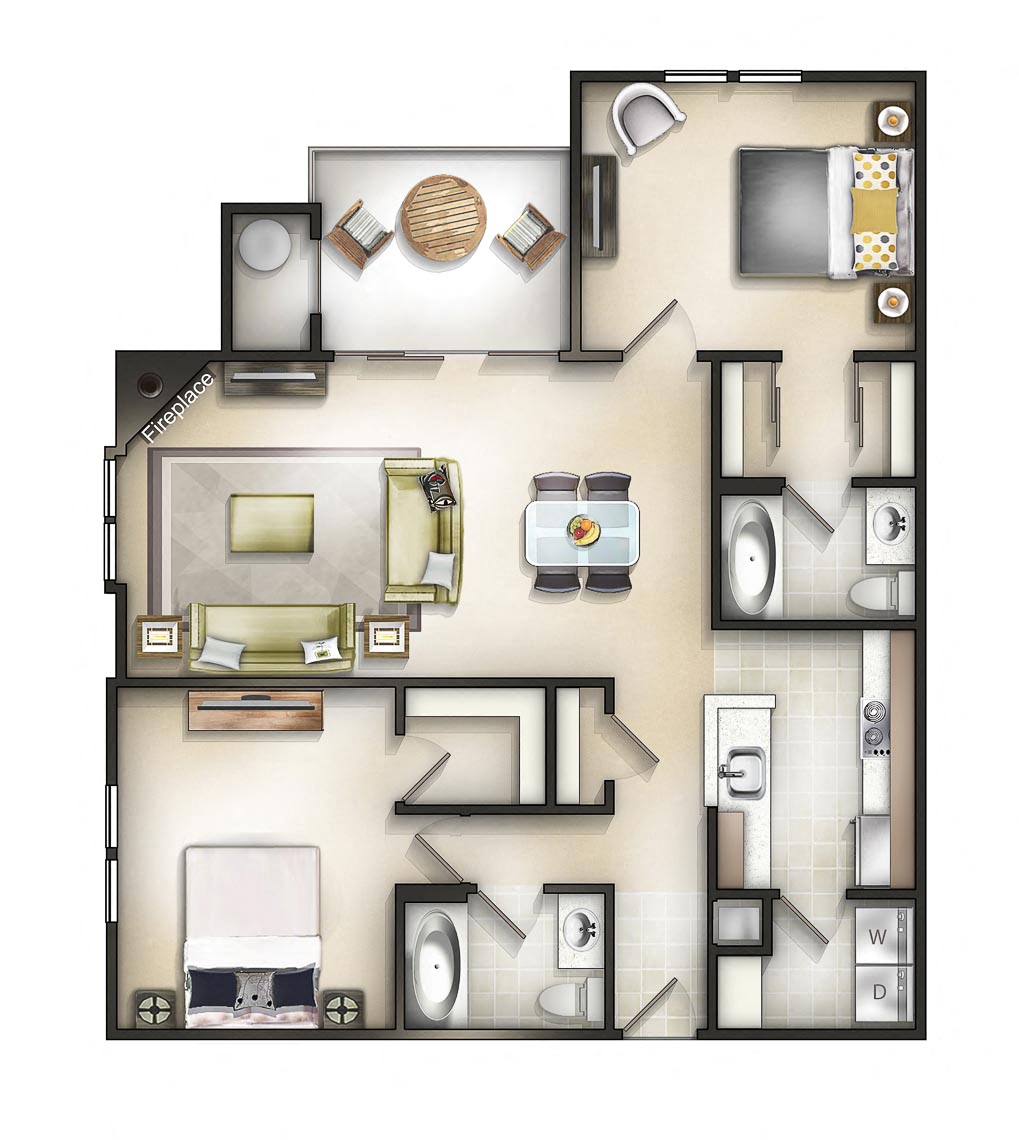 Floor plan for 2 beds, 2 baths, 1102 sqft