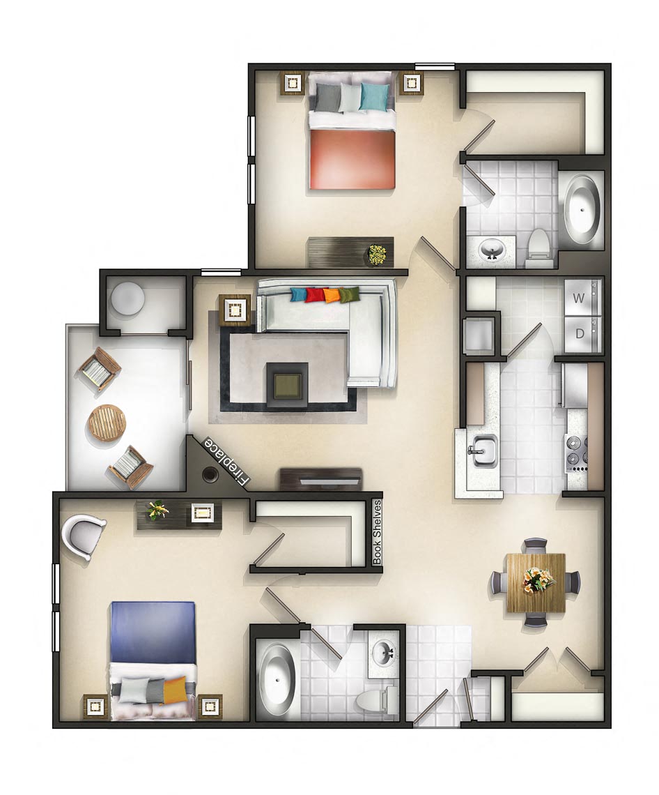 Floor plan for 2 beds, 2 baths, 1085 sqft