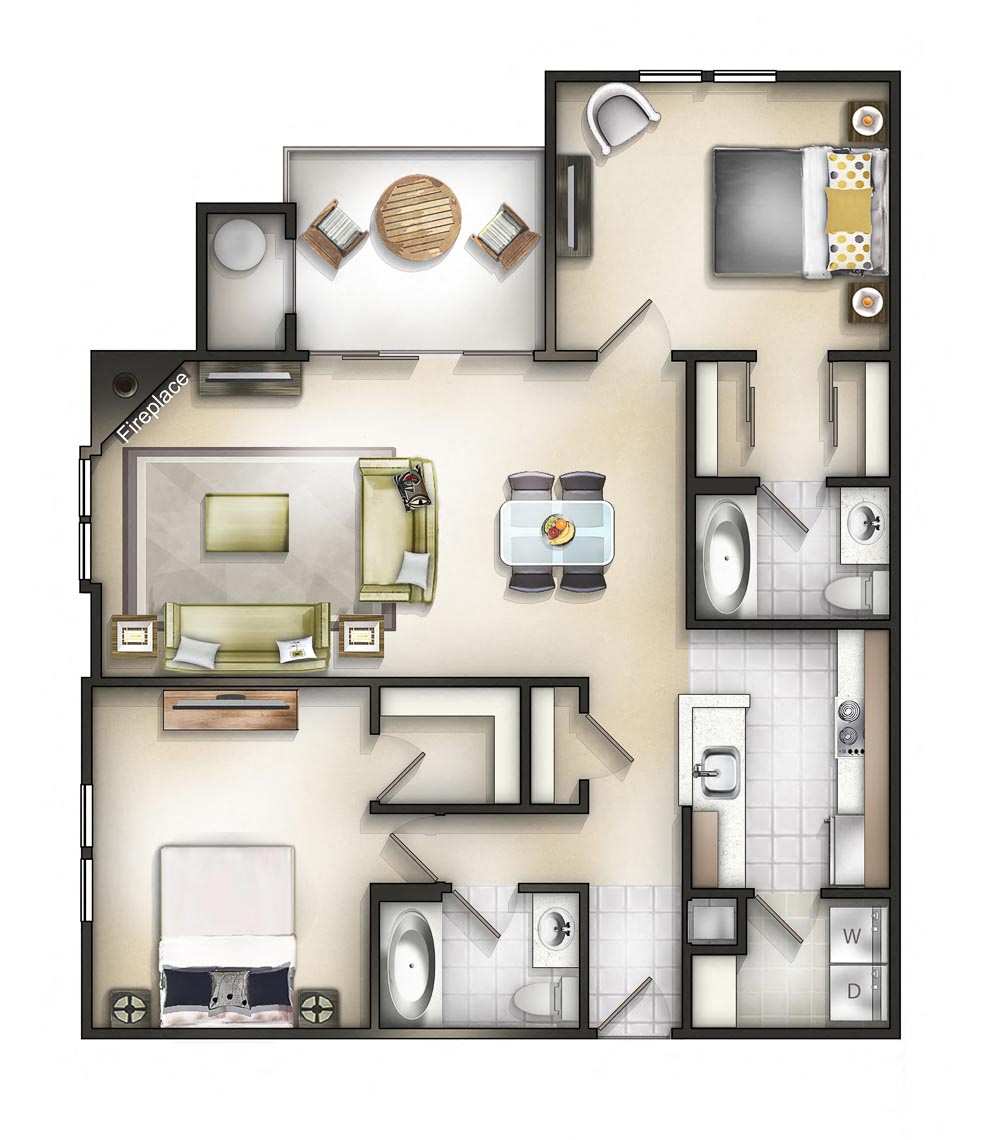 Floor plan for 2 beds, 2 baths, 1102 sqft