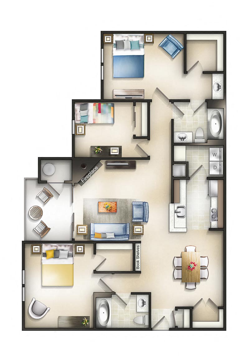 Floor plan for 3 beds, 2 baths, 1280 sqft