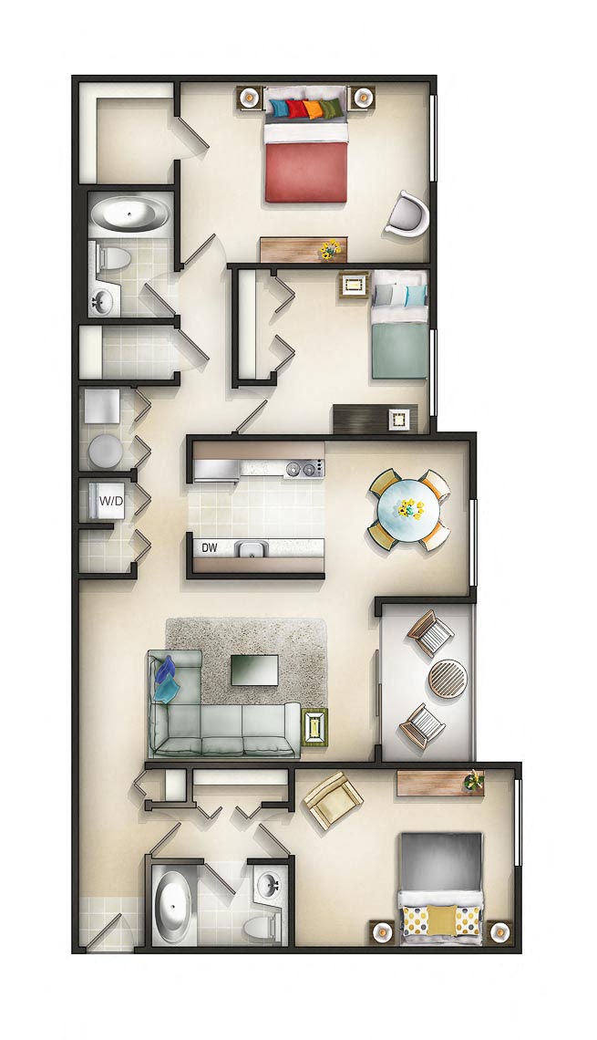 Floor plan for 3 beds, 2 baths, 1255 sqft