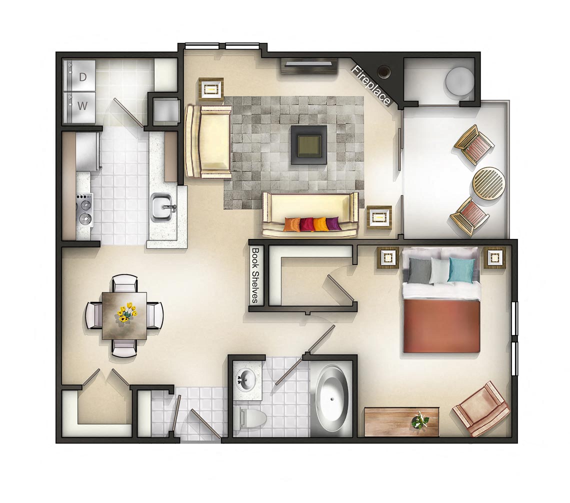 Floor plan for 1 bed, 1 bath, 828 sqft