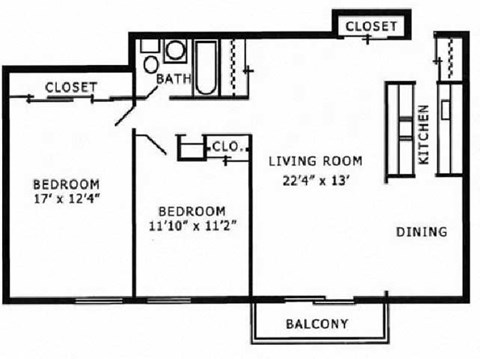 Floor plan for 2 beds, 1 bath, 850 sqft