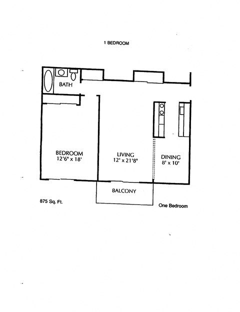 Floor plan for 2 beds, 1 bath, 975 sqft