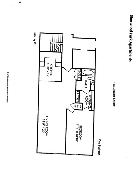 Floor plan for 1 bed, 1 bath, 950 sqft