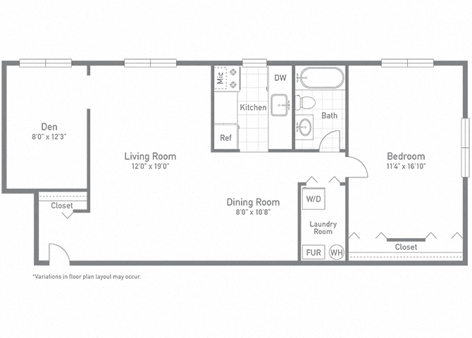 Floor plan for 1 bed, 1 bath, 858 sqft