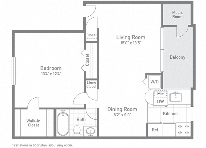 Floor plan for 1 bed, 1 bath, 690 sqft
