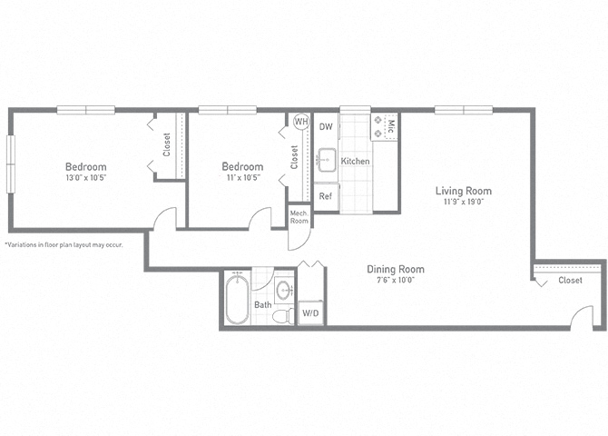 Floor plan for 2 beds, 1 bath, 960 sqft