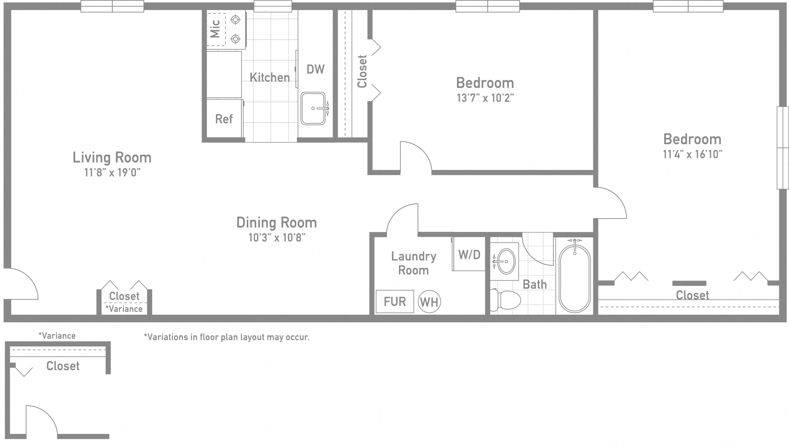 Floor plan for 2 beds, 1 bath, 928 sqft