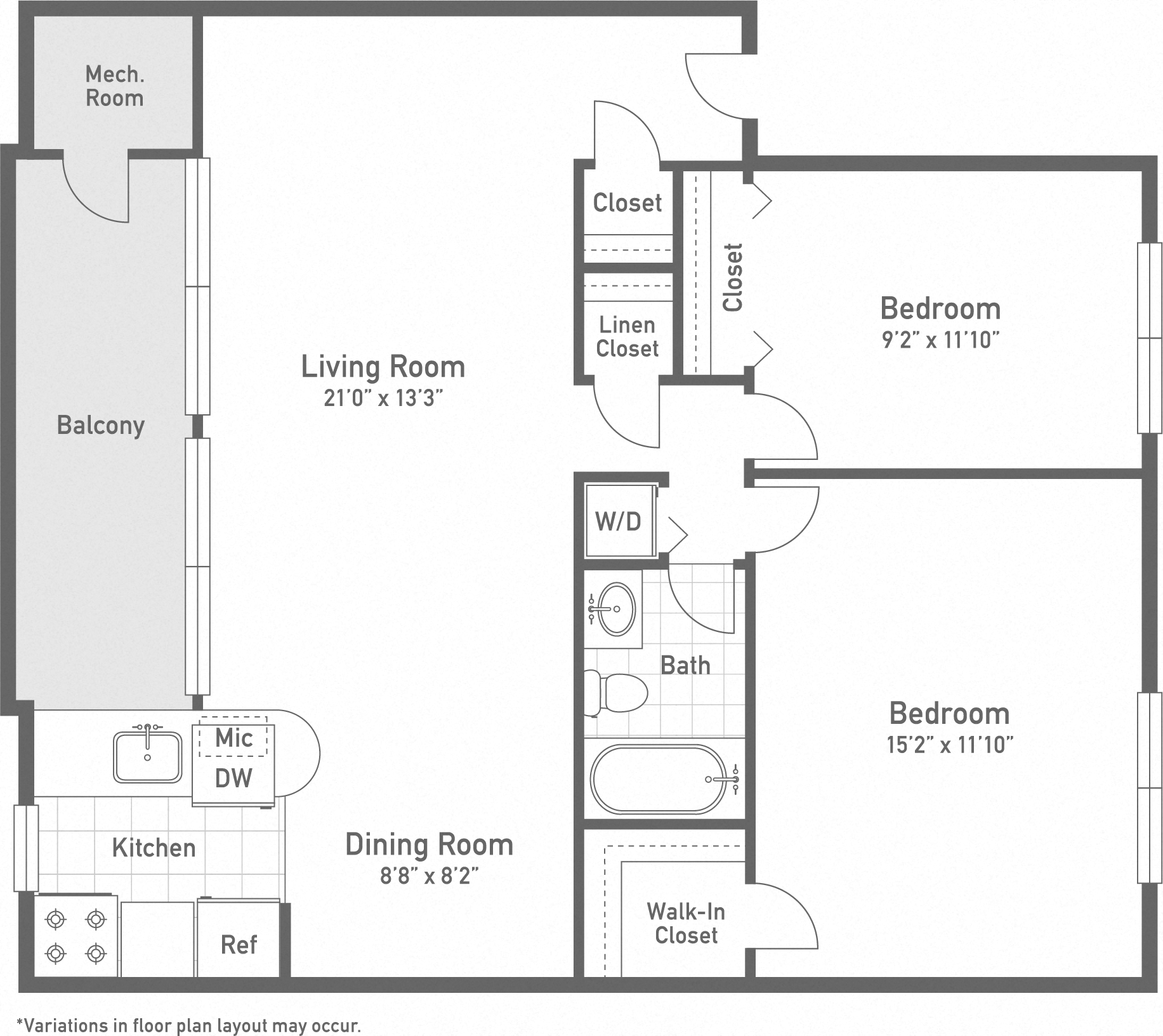 Floor plan for 2 beds, 1 bath, 960 sqft