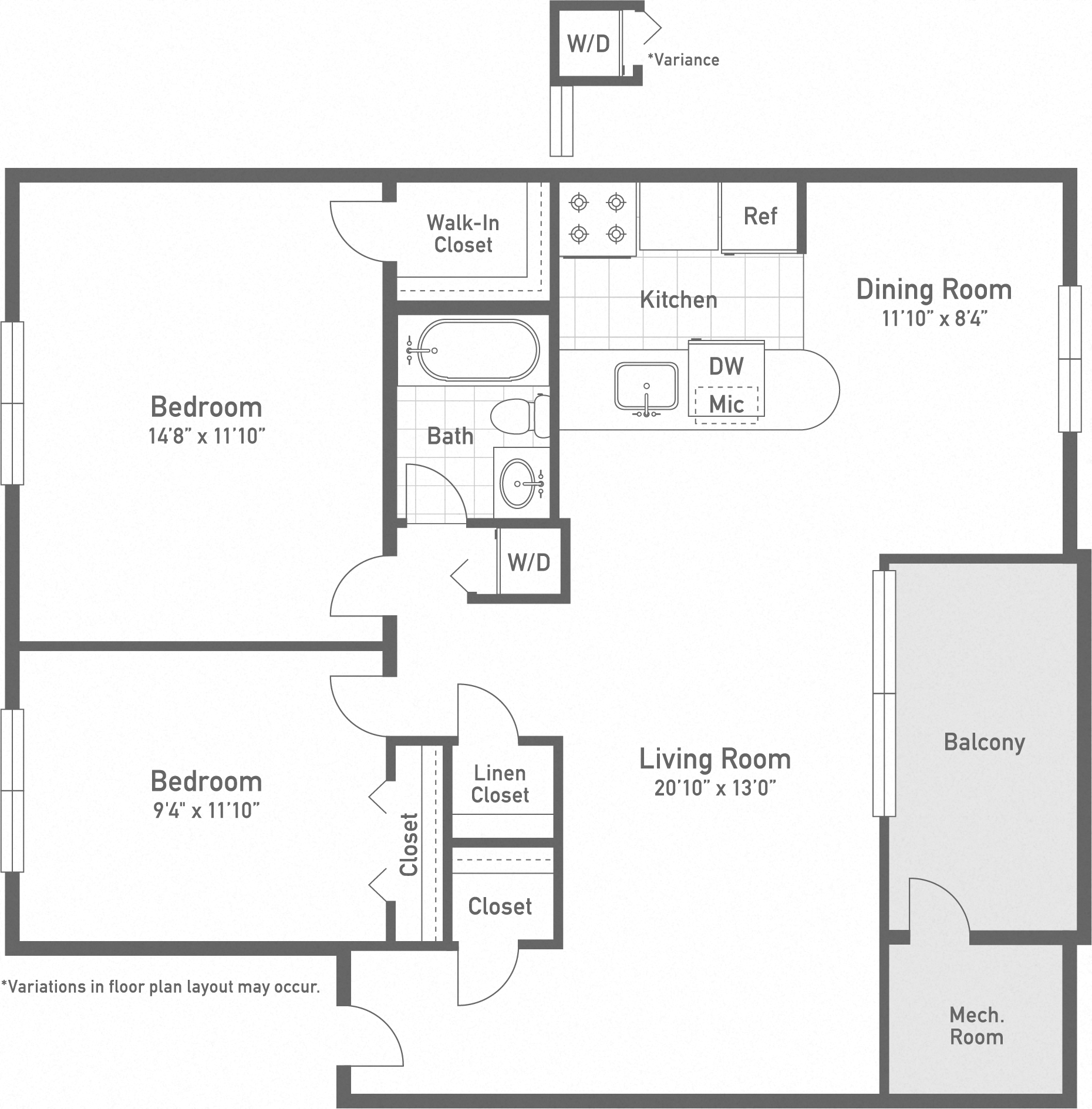 Floor plan for 2 beds, 1 bath, 960 sqft