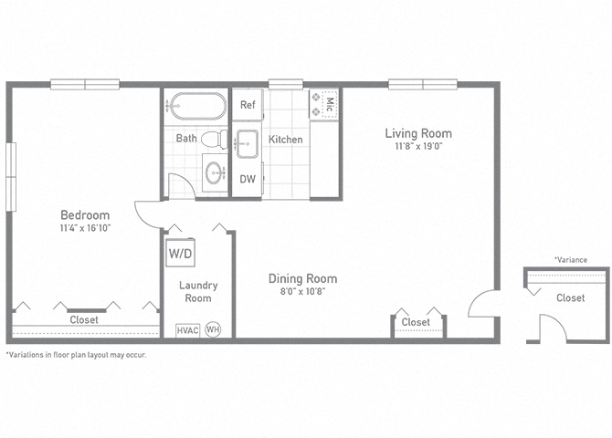 Floor plan for 1 bed, 1 bath, 745 sqft