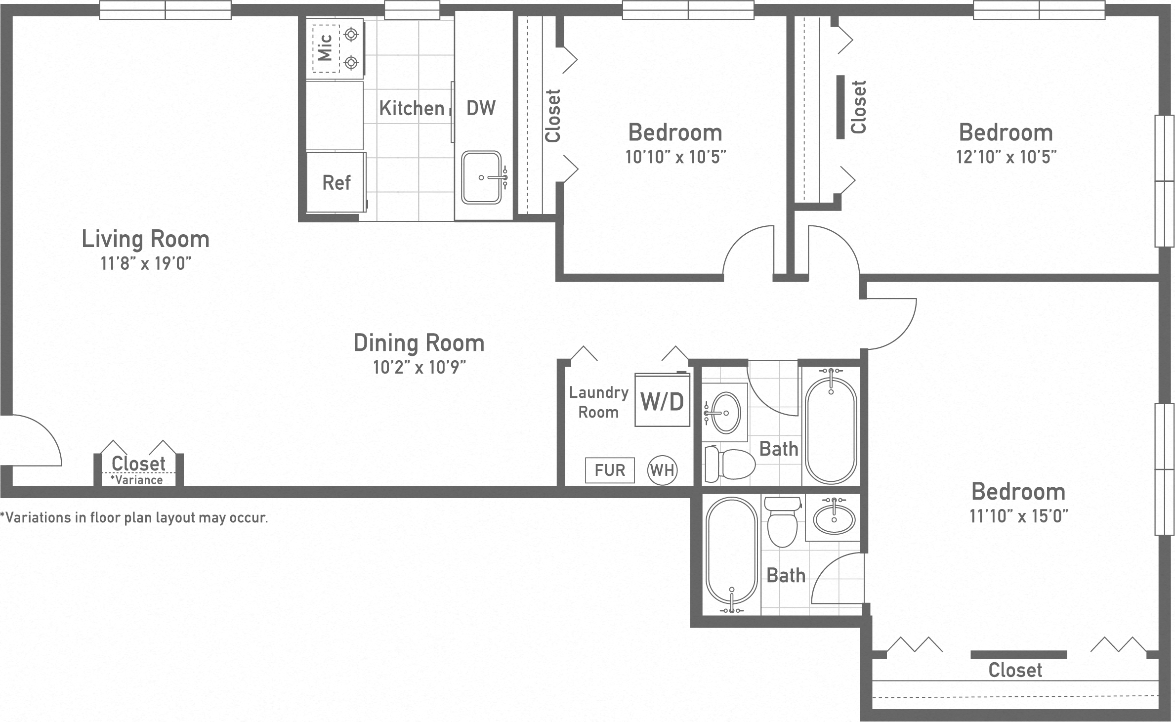 Floor plan for 3 beds, 2 baths, 1092 sqft