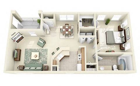 Floor plan for 1 bed, 1 bath, 910 sqft