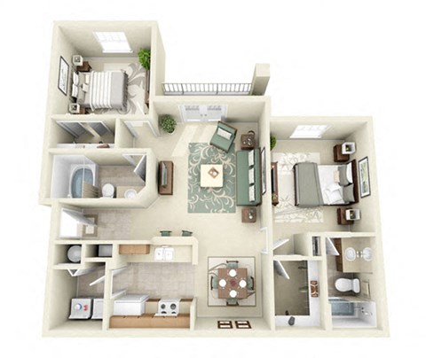 Floor plan for 2 beds, 2 baths, 977 sqft