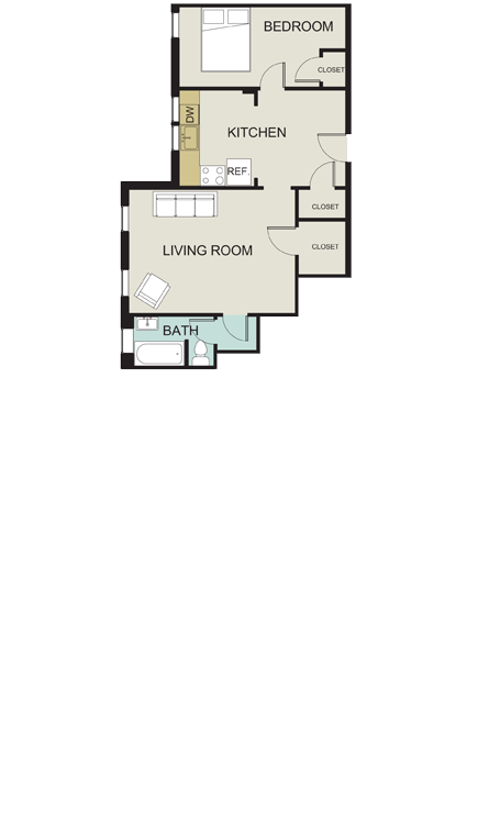 Floor plan for 1 bed, 1 bath, 716 sqft