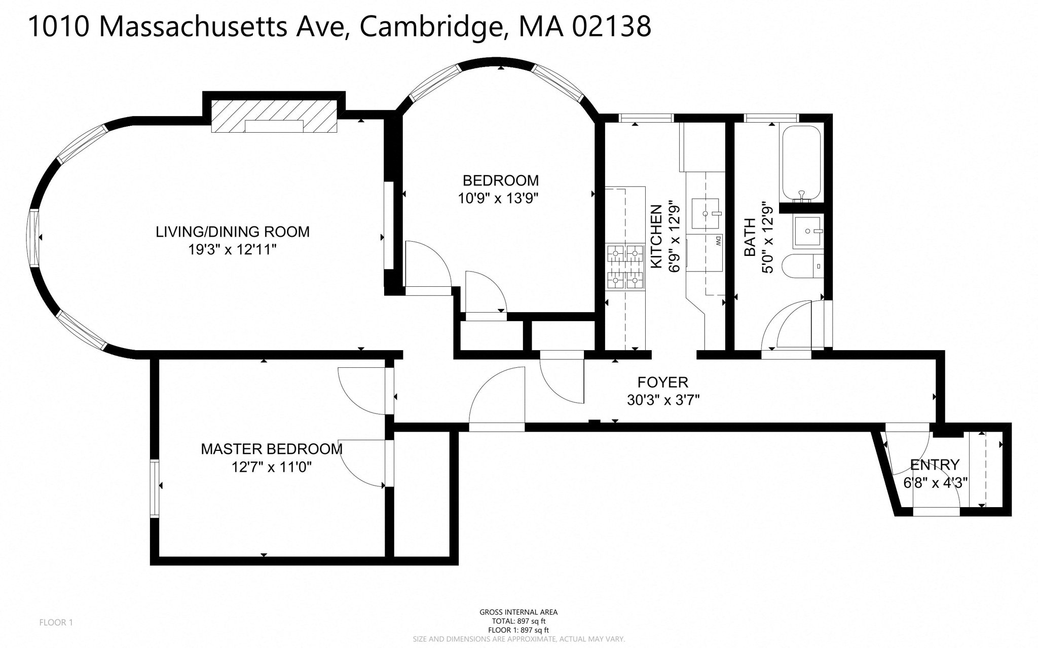 Floor plan for 2 beds, 1 bath, 931 sqft
