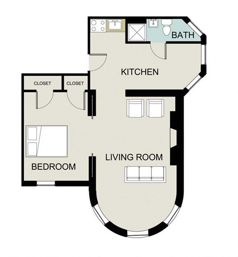 Floor plan for 1 bed, 1 bath, 740 sqft