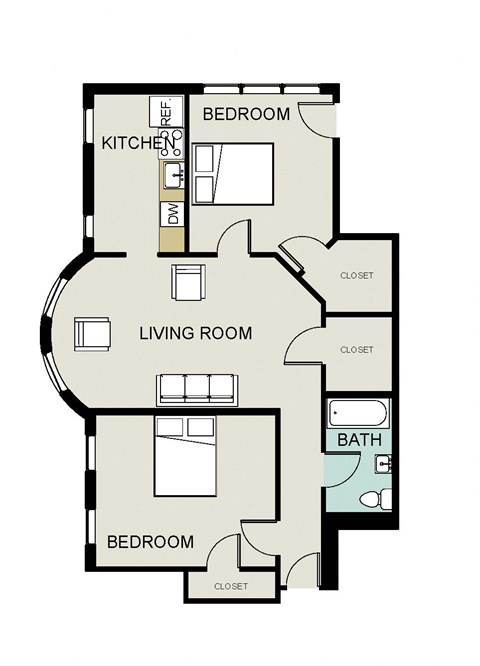 Floor plan for 2 beds, 1 bath, 865 sqft