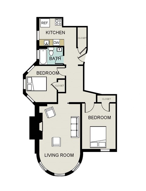 Floor plan for 2 beds, 1 bath, 801 sqft