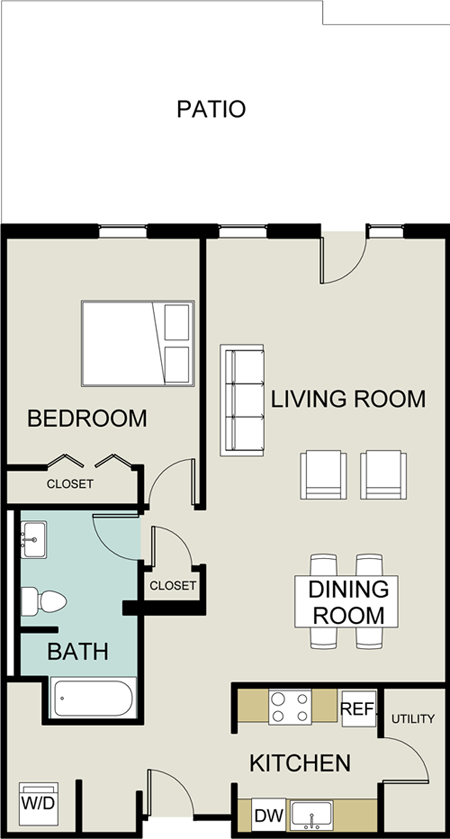 Floor plan for 1 bed, 1 bath, 811 sqft
