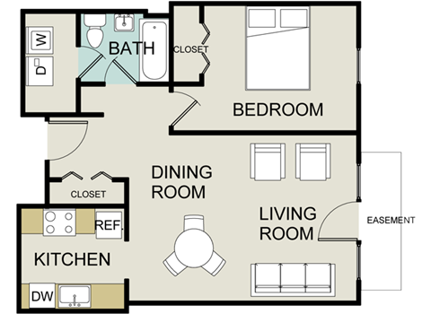 Floor plan for 1 bed, 1 bath, 771 sqft