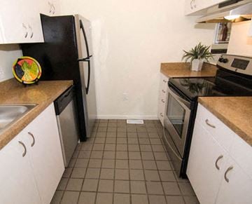 Cambridge apartment for rent - a kitchen with a stove refrigerator and a sink