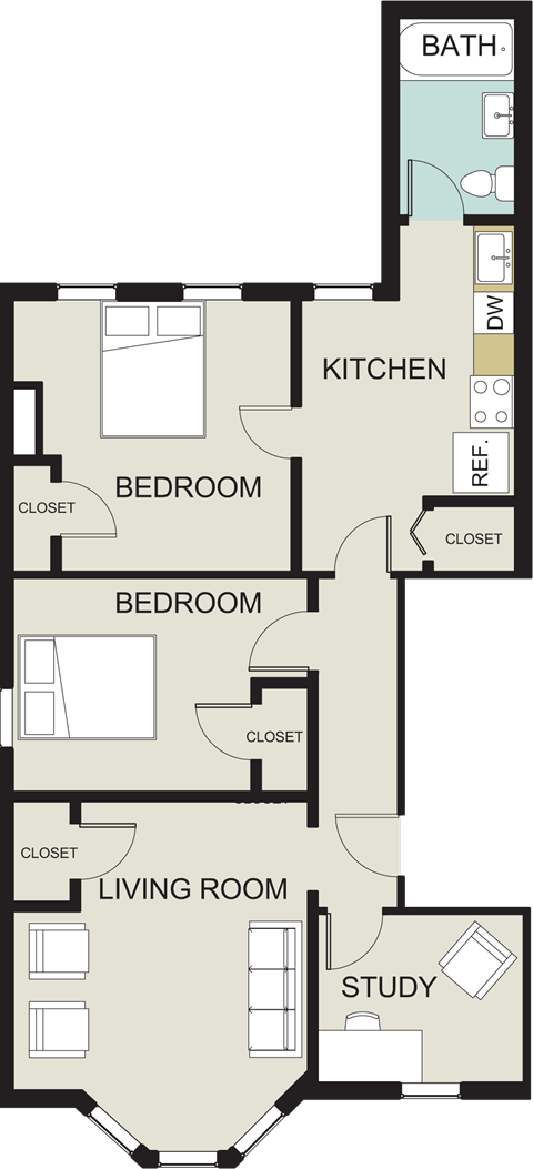 Floor plan for 2 beds, 1 bath, 687 sqft
