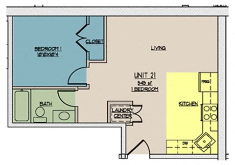 Floor plan for 1 bed, 1 bath, 545 sqft