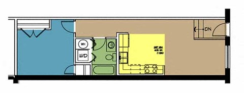 Floor plan for 1 bed, 1 bath, 635 sqft