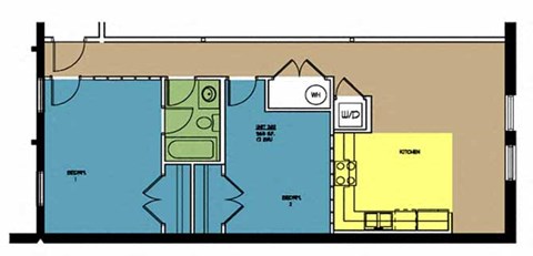 Floor plan for 2 beds, 1 bath, 965 sqft