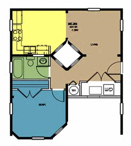 Floor plan for 1 bed, 1 bath, 624 sqft
