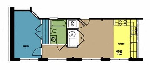 Floor plan for 1 bed, 1 bath, 637 sqft