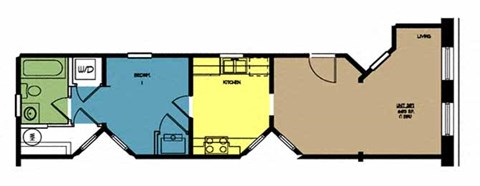 Floor plan for 1 bed, 1 bath, 603 sqft