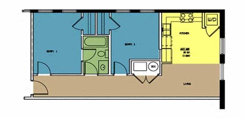 Floor plan for 2 beds, 1 bath, 811 sqft
