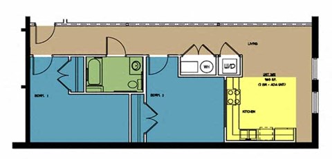 Floor plan for 2 beds, 1 bath, 965 sqft