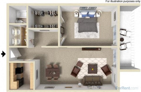 Floor plan for 1 bed, 1 bath, 693 sqft