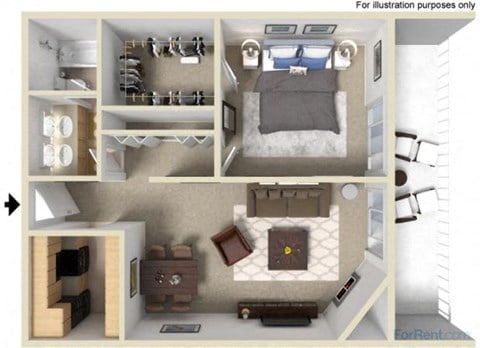 Floor plan for 1 bed, 1 bath, 720 sqft