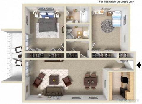 Floor plan for 2 beds, 2 baths, 979 sqft
