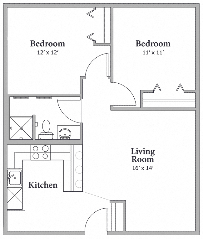 Floor plan for 2 beds, 1 bath, 750 sqft