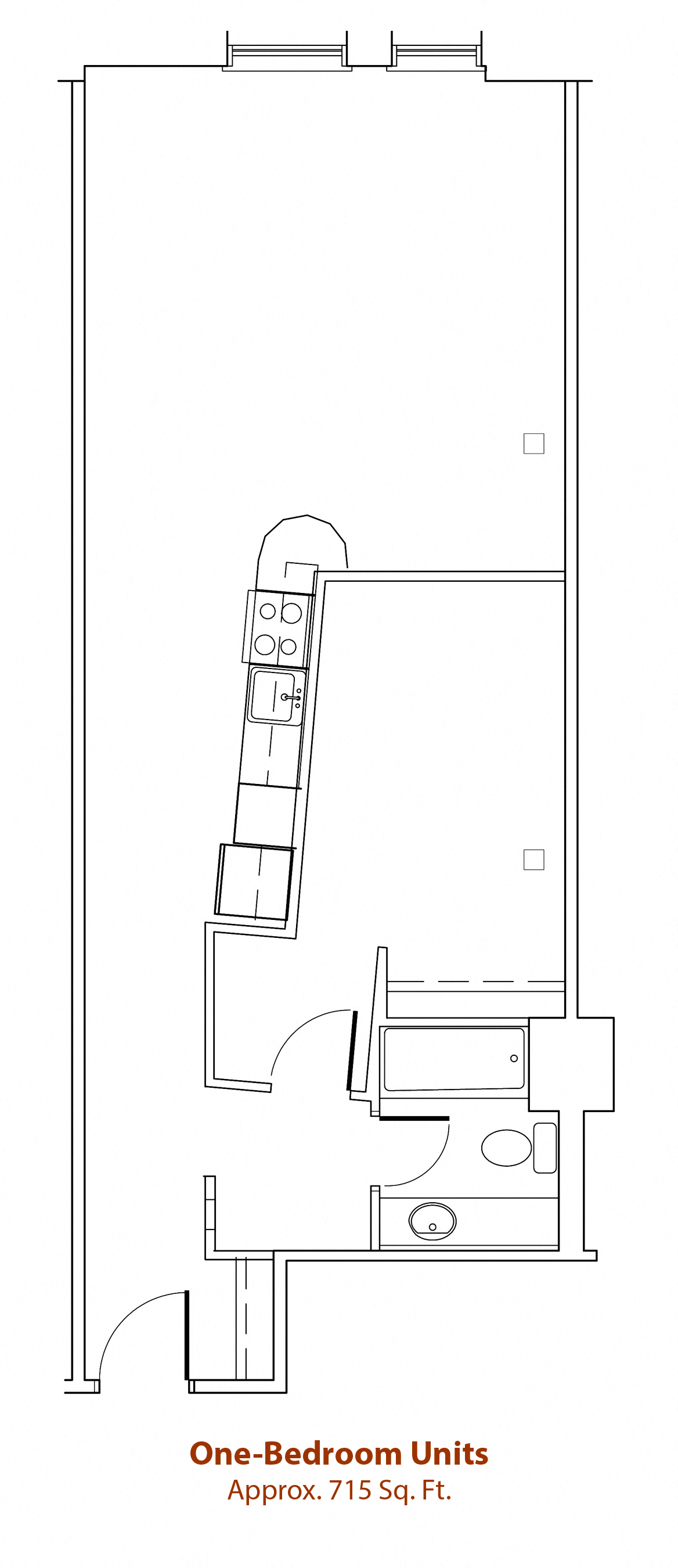 Floor plan for 1 bed, 1 bath, 670 sqft