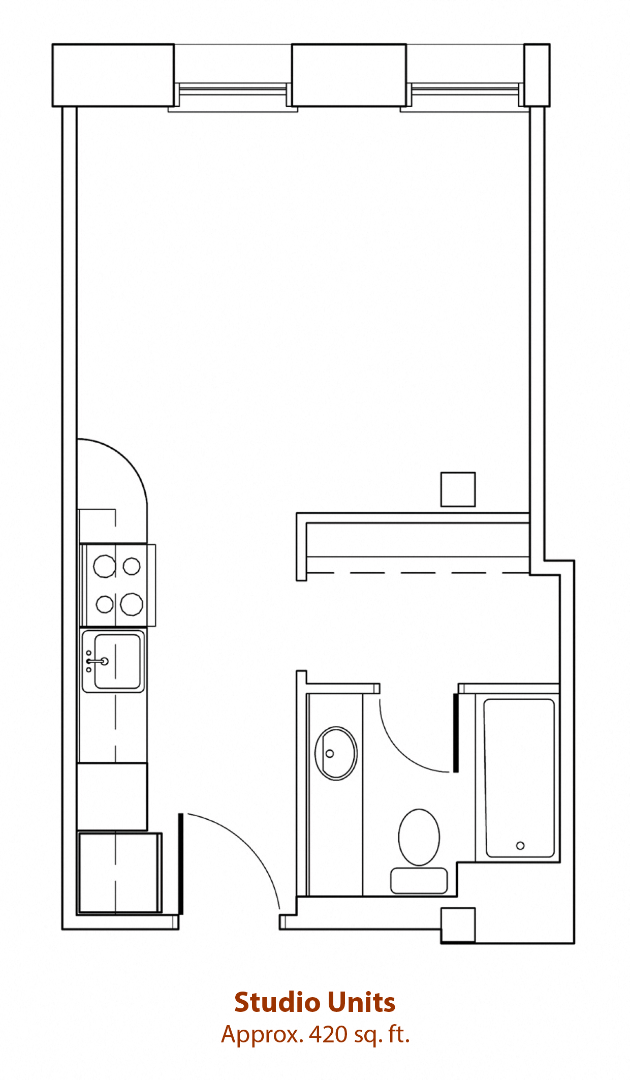 Floor plan for studio, 1 bath, 420 sqft