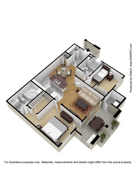 Floor plan for 2 beds, 2 baths, 1040 sqft